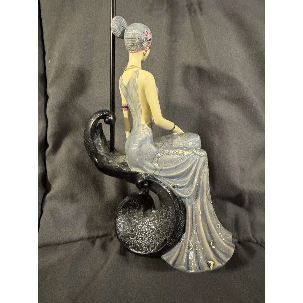 Art Deco Seated Lady Figurine Gray Dress on Black Metal Jewelry Stand Holder